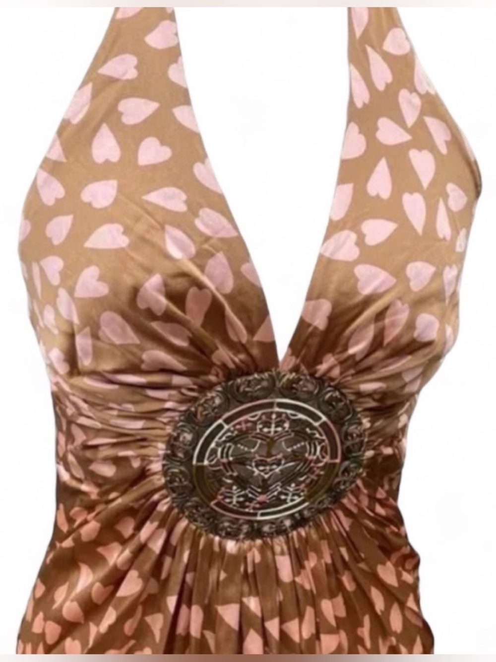 SKY NWT Silk Heart Printed Halter dress w cutout details - Picture 2 of 9